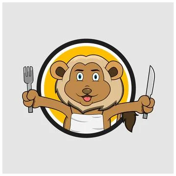Lion Head Circle Label With Fork and Knife Stock Illustration