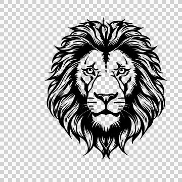 Lion Head Face Black And White Front facing forward mane Illustration