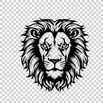 Lion Head Facing Forward Portrait mane black white plain Stock Illustration