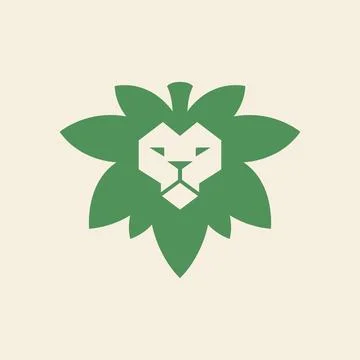 Lion head green leaf concept logo design flat vector Stock Illustration