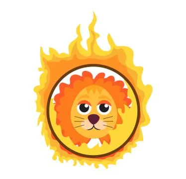 Lion jumping through a ring of fire in the circus icon flat style , isolated on Stock-Illustration
