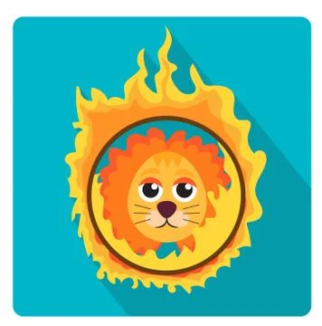 Lion jumping through a ring of fire in the circus icon flat style with long Stock Illustration