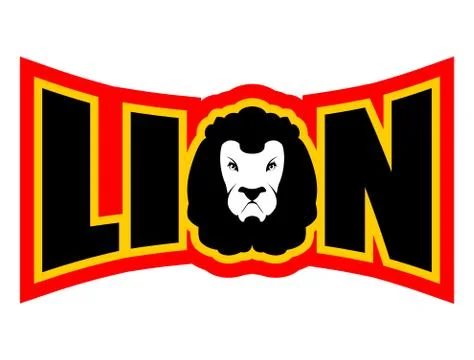 Lion logo. Wild beast with Big mane. Text and angryl animal savanna Stock-Illustration