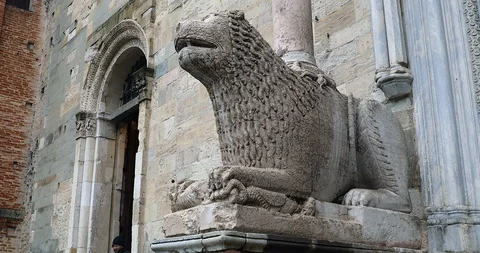 Lion Marble Statue In Front Of The Cathedral Of Parma Stock Footage 123356478