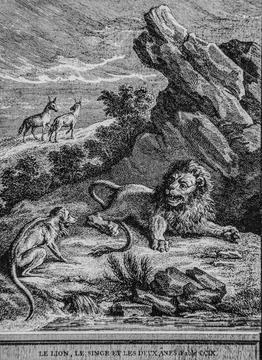 The lion, the monkey and the two anes, fables de la Fontaine, publisher Talan Stock Illustration