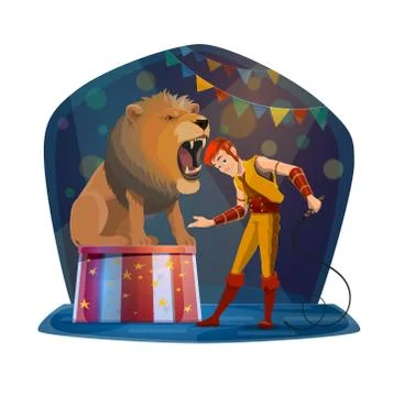 Lion with open mouth and handler on circus stage Stock Illustration