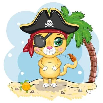 Lion pirate, cartoon character of the game, wild animal cat in a bandana and  Illustrazione stock