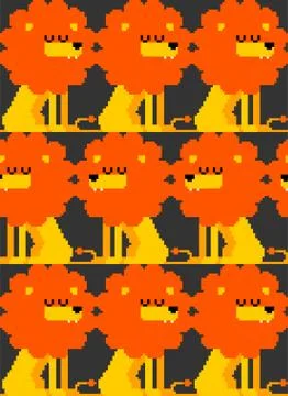 Lion pixel art pattern seamless. Cute Leo 8 bit background. Vector texture Stock Illustration