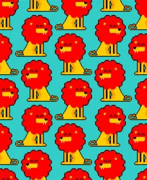 Lion pixel art pattern seamless. Cute Leo 8 bit background. Vector texture Illustrazione stock