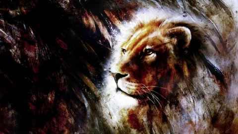Lion portrait on abstract background with feather pattern, rust effect Stock Footage 246000799