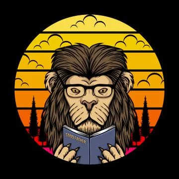 Lion reading sunset retro vector illustration Stock Illustration
