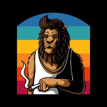 Lion relaxing while smoking retro vector illustration Stock Illustration