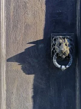 Lion with ring in his teeth is bas-relief mask like handle on street door and Foto stock