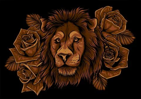 Lion with roses on black background. Vector illustration 스톡 일러스트