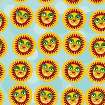 Lion seamless pattern with funny cute animal face on a blue background Stock Illustration