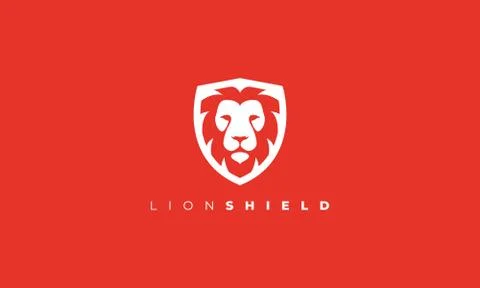 Lion shield logo . lion head in the shield logo isolated on red background .  Stock Illustration
