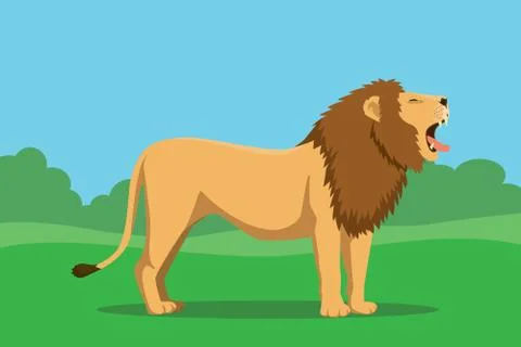 Lion single isolated with tree and bush background vector graphic illustration Stock-Illustration