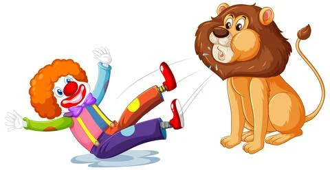 Lion split out the clown isolated on white background 스톡 일러스트