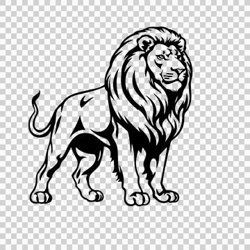 Lion Standing In Black Ink mane tail line Stock Illustration