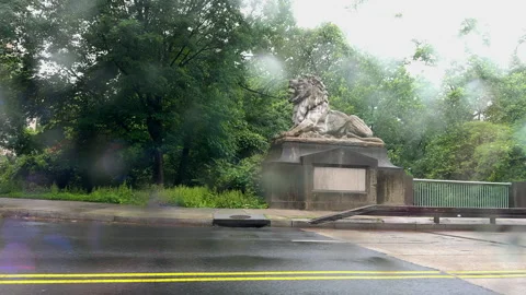 Lion statue at Dumbarton Bridge on rainy morning Stock Footage 320740745