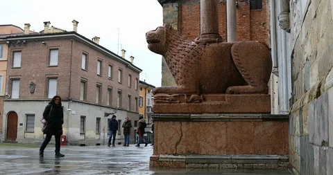 Lion Statue In Front Of The Cathedral In Parma Stock Footage 123356893