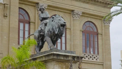 Lion Statue in front of Teatro Massimo in Palermo, Sicily Stock Footage 88611429