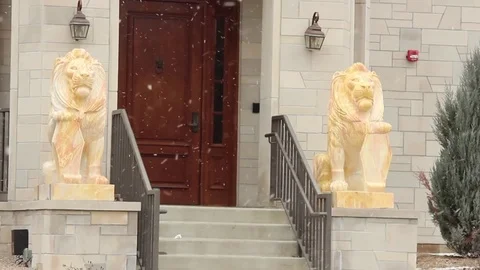 Lion Statues in front of a Fraternity in the Snow Stock Footage 75035278