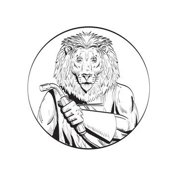 Lion Welder With Welding Torch Circle Line Drawing Black and White. Stock Illustration