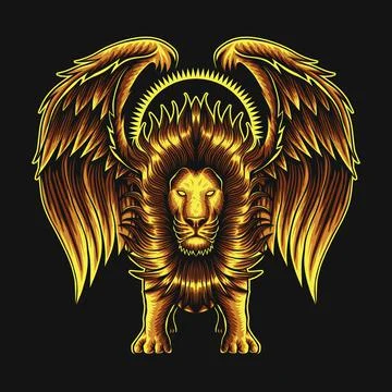 Lion with wing gold vector illustration Stock Illustration
