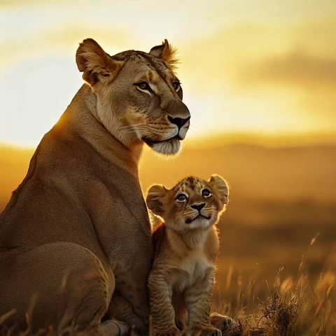 Lioness and Cub at Sunset Stock Footage 307180957