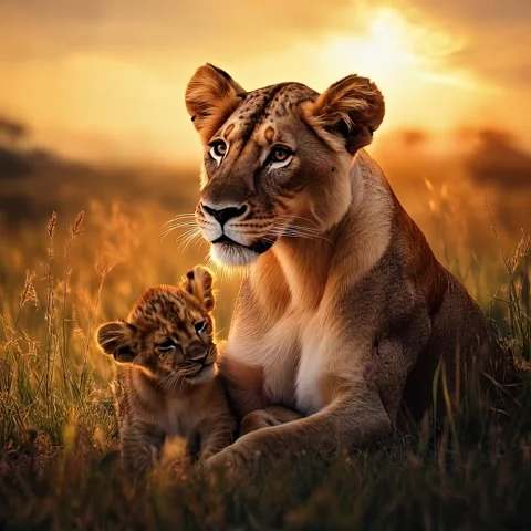 Lioness and Cub at Sunset Stock Footage 307180961
