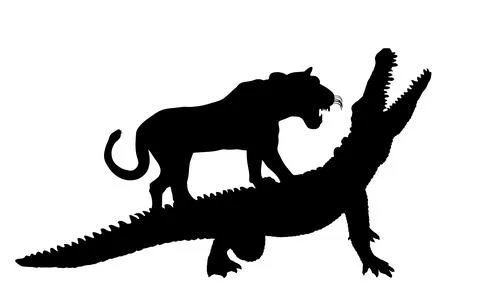 Lioness attack crocodile from behind vector silhouette Stock Illustration