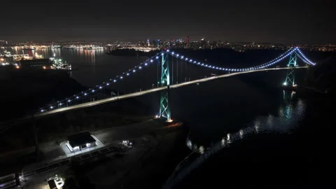 Lions Gate Bridge aerial hyperlapse, night, car light trails, traffic, Vancouver Stock Footage 219791521