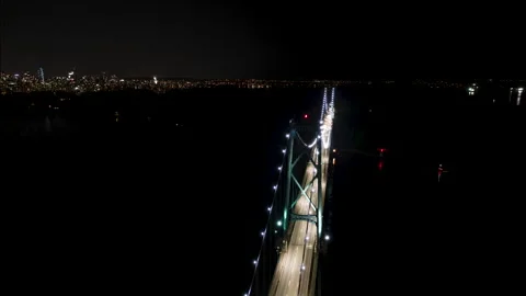 Lions Gate Bridge aerial, hyperlapse, night, car light trails, traffic Stock Footage 245954870