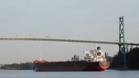 Lions Gate Bridge in Vancouver's harbor next to Stanley Park, with cargo ship Vídeos de archivo 210127388