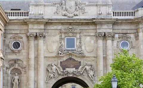 Lion's Gate, view from the inner side of the courtyard. Buda fortress. Histor Stock Photos