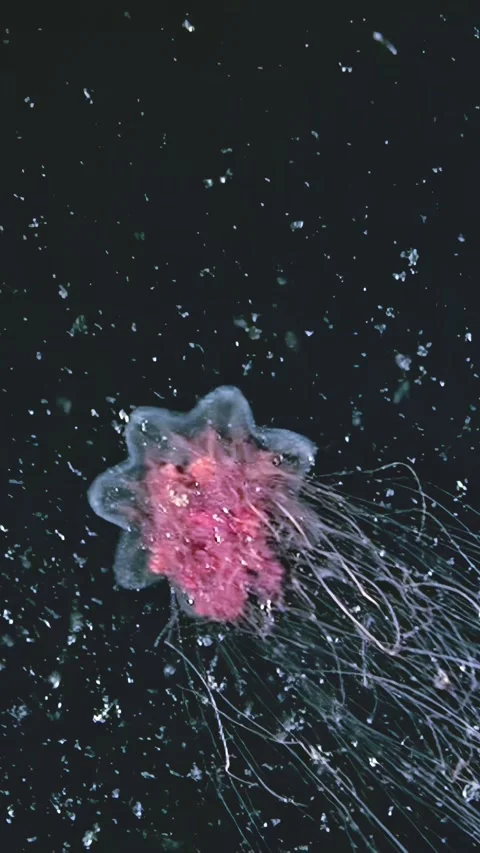 Lion's Mane Jellyfish Pulsating in the Deep Dark Sea at Night Stock Footage 320326366