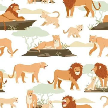 Lions seamless pattern. Jungle animals relax in savannah, lionesses, cubs 스톡 일러스트