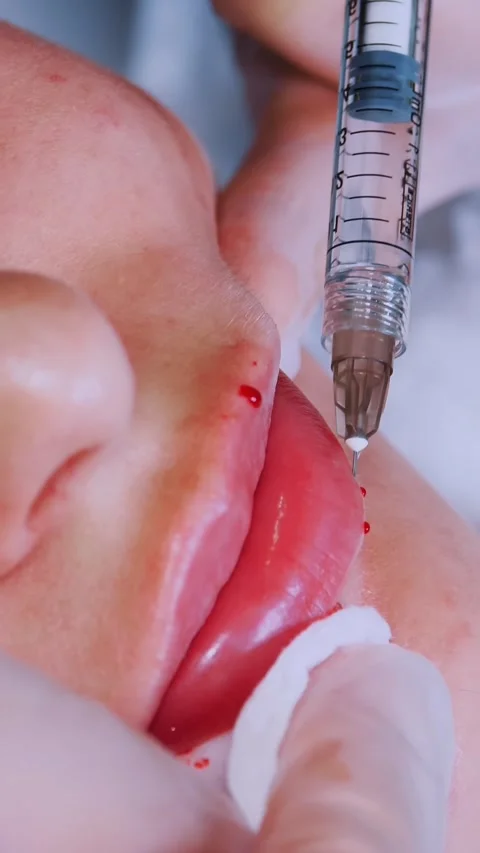 Lip augmentation procedure. close-up, female face. Surgeon, in medical gloves, Stock Footage 305503384