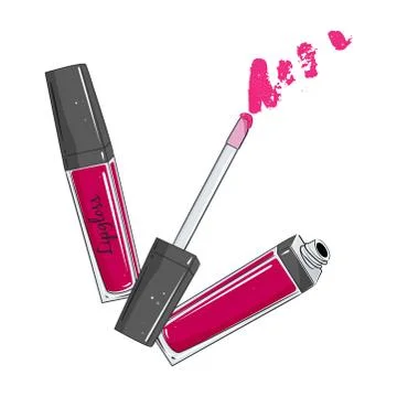 Lip gloss open and closed with brush, bright pink color on white background. Stock Illustration