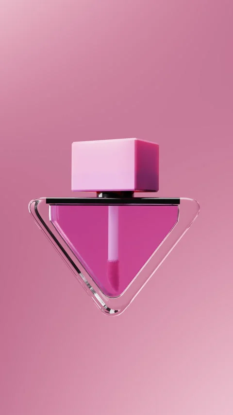 Lip oil application steps with pink color in clear triangular bottle and brush Stock Footage 323736524