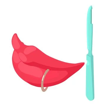 Lip piercing icon isometric vector. Female lip with piercing surgical instrument Stock Illustration