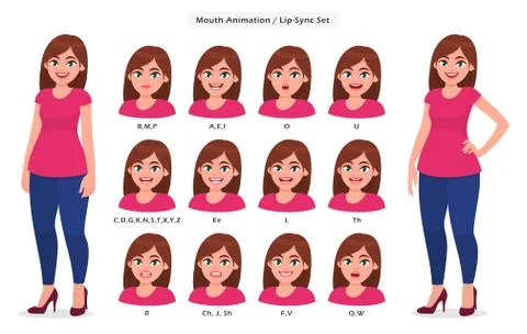 Lip sync collection for animation. Set of the mouth position for talking woman. Stock Illustration