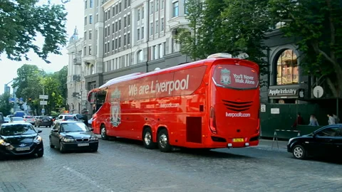 Lipervpool red bus and UEFA Champions League Final CUP Symbols, Kiev, Ukraine, Stock Footage 90117806