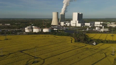 Lippendorf Power Plant with Rapeseed Fields – Aerial View near Leipzig, Germany Stock-Footage 308218454
