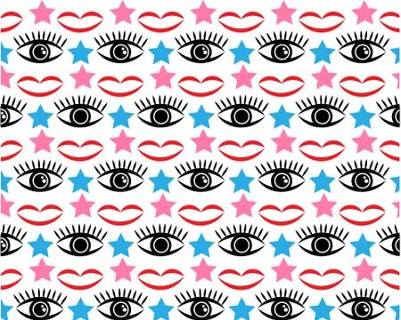 Lips and eyes vector pattern. Endless Wallpaper imprint of red lips, black eyes Stock Illustration