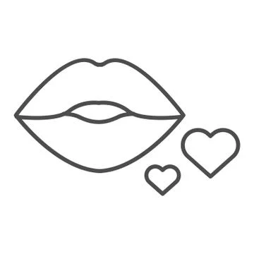 Lips and hearts thin line icon. Kissing lips and two hearts illustration Stock Illustration