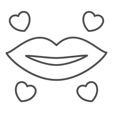 Lips and hearts thin line icon, Valentines Day concept, women kiss sign on white Stock Illustration