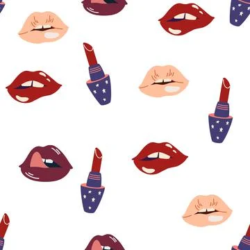 Lips and lipstick seamless pattern. Makeup background. Sensual lips. Womens c Stock Illustration