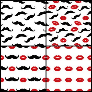Lips and mustaches vector seamless patterns set Stockillustratie